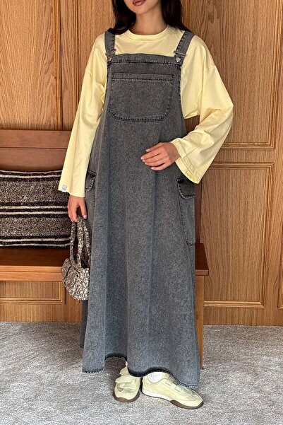 Ceylan Otantik Butter Yellow Bodysuit & Anthracite Denim Skirt Salopet Set