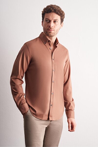 İmza Mink Buttoned Collar Knitted Long Sleeve Product Slim Fit Flexible Shirt 1004255270