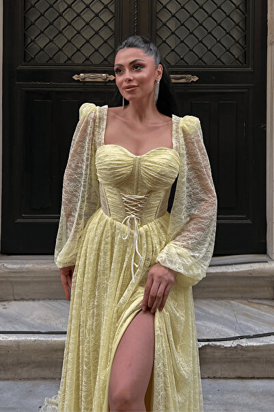 giyimmasalı Dantel Kumaş Balen Detaylı Abiye Elbise - SARI