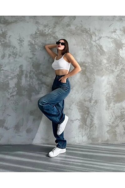 civetta Women's Blue High Waist Belt Detailed Wide Leg Comfortable Fit Baggy Pants