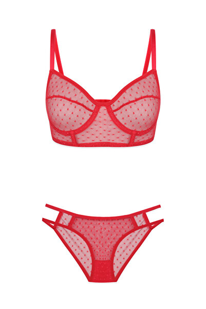 koza iç giyim Sevgililer Günü Temalı Kadın Kırmızı Puanlı Tül Sütyen Takımı