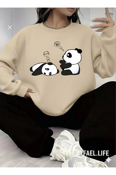 FAEL LİFE طقم رياضي من القطن بياقة دائرية وطباعة باندا كسول بقصة فضفاضة