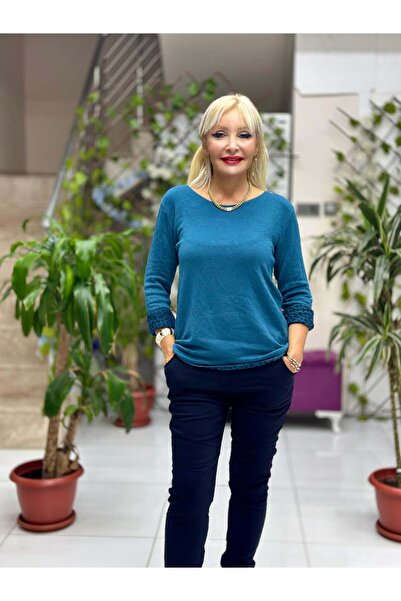 Punta Otantik Nc1202 Leopard Inside Round Neck Knitwear Small Size Blouse Petrol