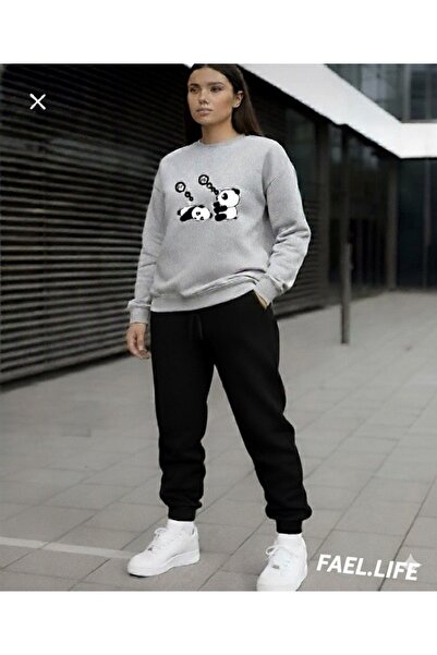 FAEL LİFE Pulover cu guler rotund, din bumbac, cu imprimeu Lazy Panda, set de...