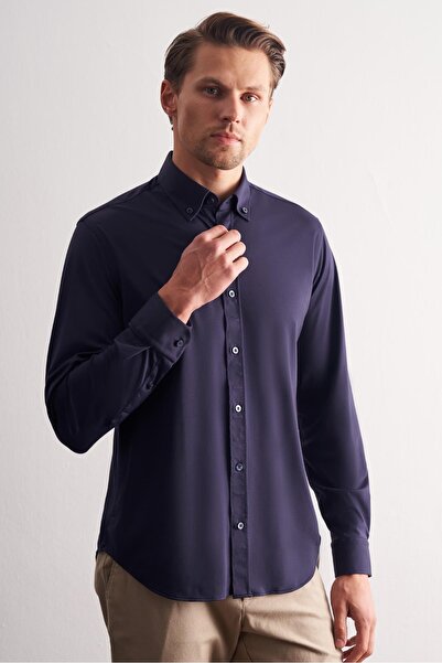 İmza Синя сорочка з ґудзиками на комірі, довгими рукавами, облягаючим кроєм та еластичною тканиною 1004255270