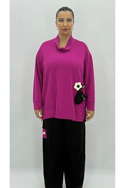 MAX LİVE Plus Size Wide Fit Floral Bow Tie High Neck Women's Tracksuit Set