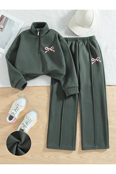 npLStore Children's New Bow Printed 100% Cotton Long Sleeve Half Zipper Sweatshirt-Sweatpants