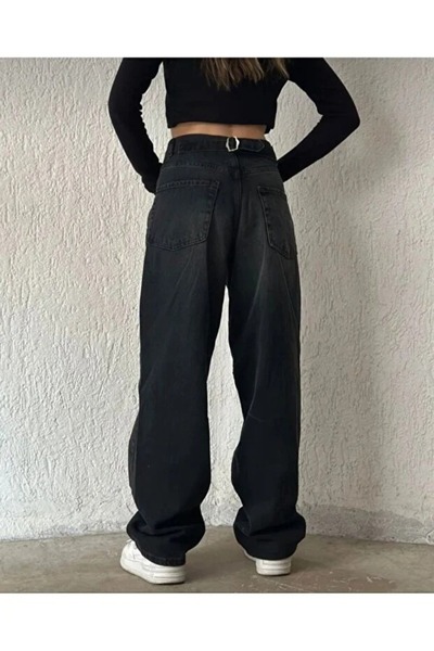 civetta Women's Black High Waist Belt Detailed Wide Leg Comfortable Fit Baggy Pants