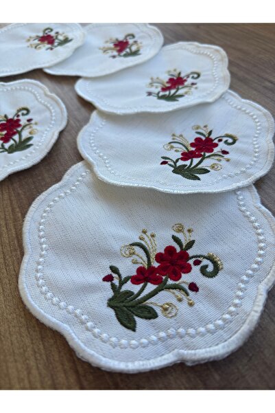 MODA Ekru Sunumluk Peçete, Kokteyl Peçetesi Kahve Yanı Nakışlı 6 Adet Kumaş Sunum Peçetesi