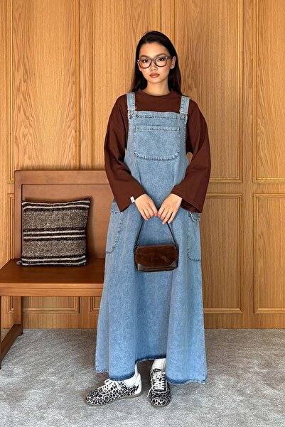 Ceylan Otantik Bitter Brown Body & Ice Blue Denim Skirt Salopet Set