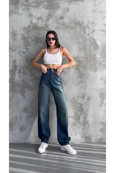 civetta Women's Blue High Waist Belt Detailed Wide Leg Comfortable Fit Baggy Pants