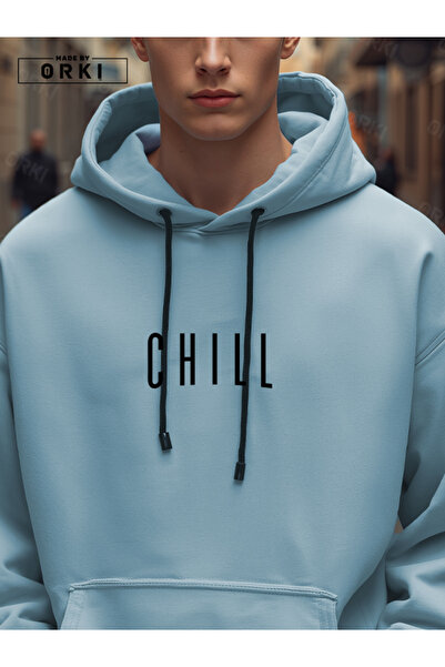 EFFRENATU CHILL Baskılı Açık Mavi Oversize Hoodie & Siyah Jogger Eşofman Takım