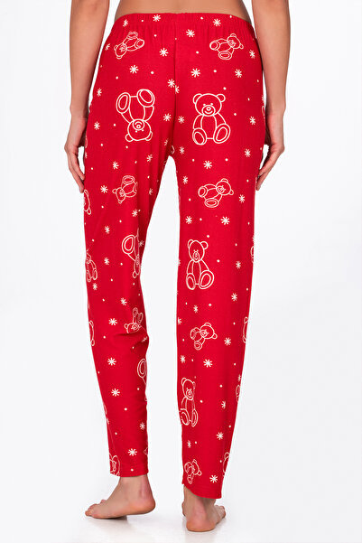Kompedan Kadın Süet Kırmızı Ayıcık Desenli Pijama Tek Alt