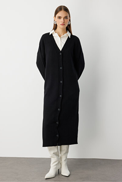 Mizalle Oversize V Yaka Uzun Siyah Triko Hırka