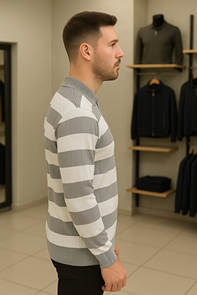 Maccali Men's Casual Long Sleeve Gray Knitwear Striped Sweater