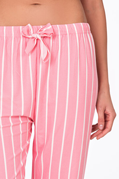 Kompedan Kadın Süet Pembe Çizgili Pijama Tek Alt