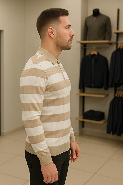 Maccali Men's Casual Long Sleeve Cream Knitwear Striped Sweater