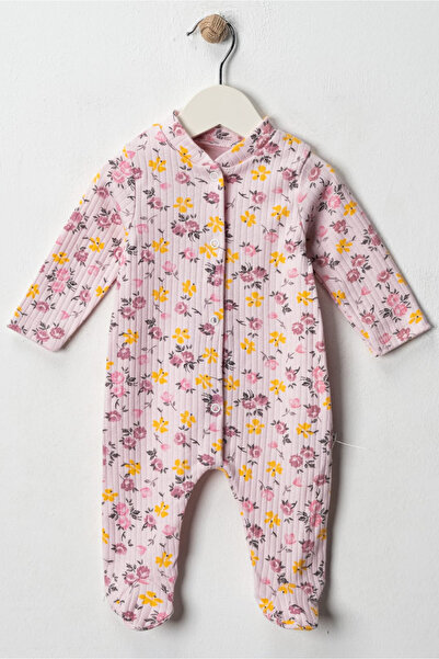 Noone Pink Floral Patterned Baby Romper - Long Sleeve Footed Soft Combed Cotton Fabric