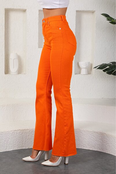 KOTOLOG Orange Color Flared Women's Flare Pants Full L Stretch Fabric Flexible