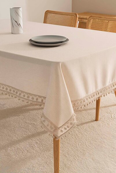 Rivaİstanbul Elegant Bej Çift Sıra Güpür Masa Örtüsü 160x220 cm