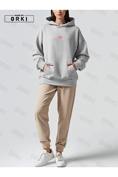 EFFRENATU Small Pixel Cute Heart Printed Women's Gray Oversize Hooded Sweatshirt Hoodie