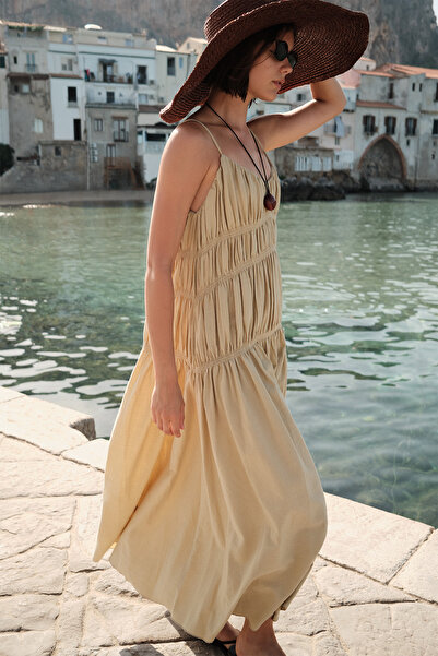 Manuka Textured Ruched Detail Dress Natural