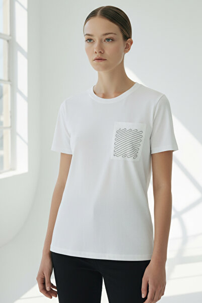 Allyco Crew Neck Pocket Printed Regular Knitted White T-Shirt