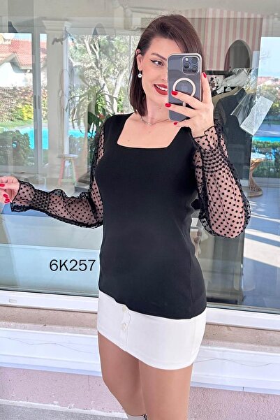 İnce Topuk Square Neck Sleeve Scored Knitwear Blouse 6K257