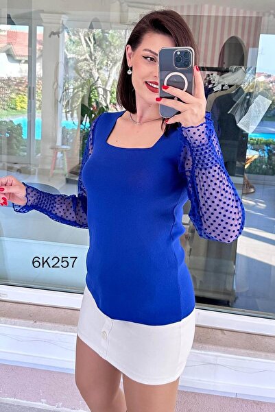 İnce Topuk Square Neck Sleeve Scored Knitwear Blouse 6K257