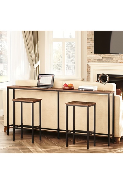 Cozara Two narrow-edged side tables, a slim sofa table, a long table behind the sofa