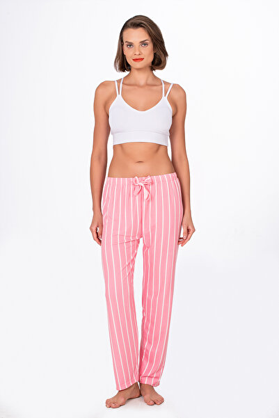 Kompedan Kadın Süet Pembe Çizgili Pijama Tek Alt
