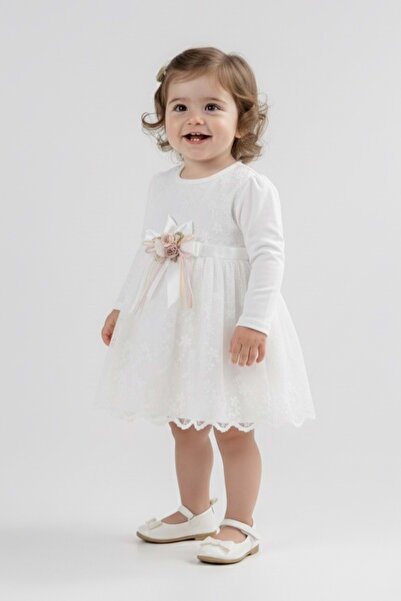Mnk Baby&Kids Baby Girl Ribbon Floral Lace Dress M00768 Ecru