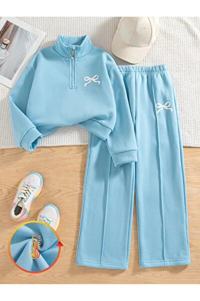 npLStore Children's New Bow Printed 100% Cotton Long Sleeve Half Zipper Sweatshirt-Sweatpants