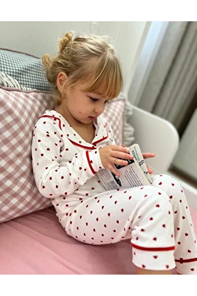 cgboutiquestylekids Cg Kids kırmızı Kalp desenli fitilli yumuşak kumaş düğmeli beli lastikli kız çocuk pijama alt üst t