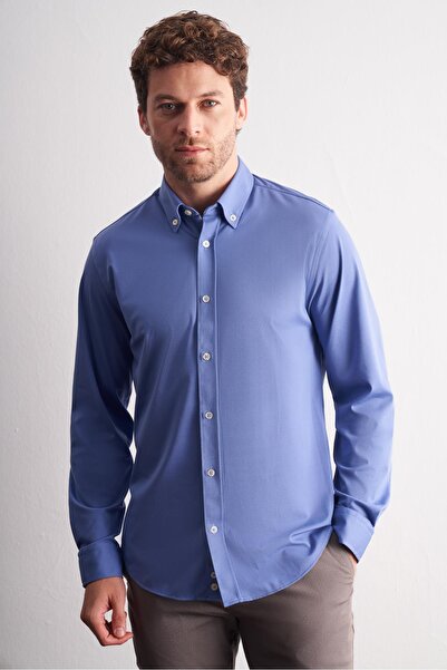 İmza Dark Blue Buttoned Collar Knitted Long Sleeve Product Slim Fit Stretchy Shirt 1004255270