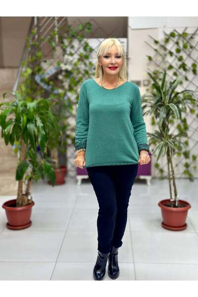 Punta Otantik Nc218181 Round Neck Knitwear with Leopard Print Inside Large Size Blouse Bitter Green