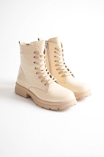 ANALİN SHOES Women's Genuine Leather Lace-Up Zippered Comfortable Boots - Beige Patent Leather