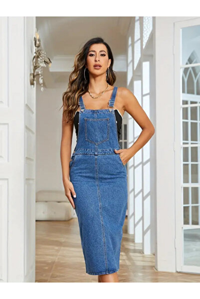 MODA ZERAFİNA Women's Strap Above Knee Jeans Salopet with Front Pocket