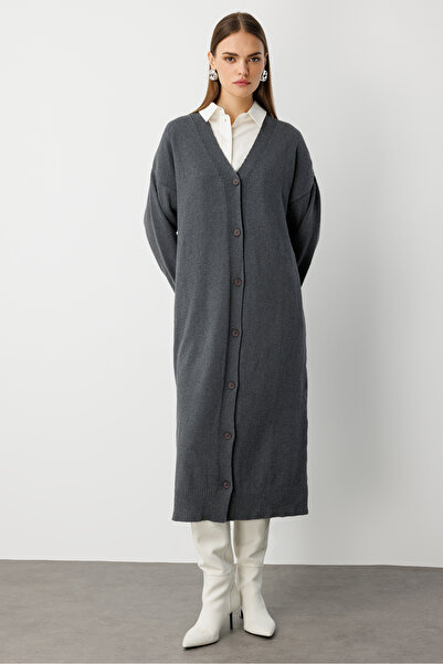 Mizalle Oversize V Yaka Uzun Gri Triko Hırka