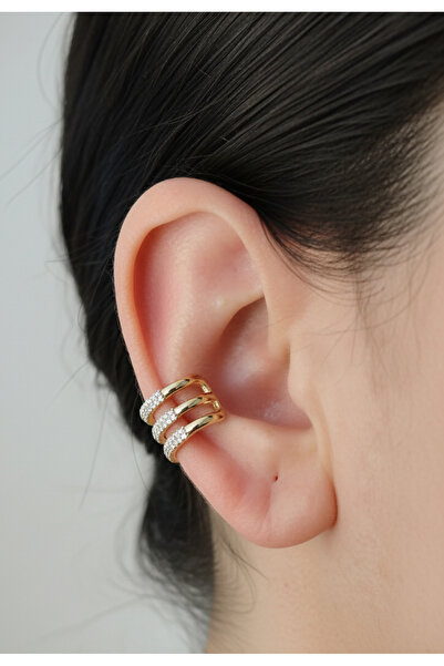 XUPING JEWELRY Üç Sıralı Zirkon Taşlı Gold Deliksiz Manşet Ear Cuff Küpe