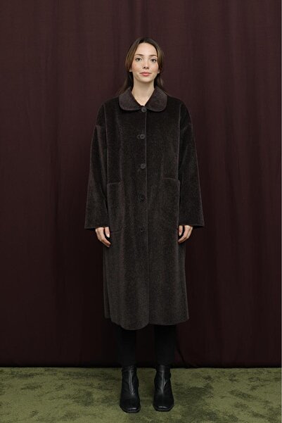 Puane Women's Fox Coat with Button and Pocket Detail - 15220Kbn - Brown