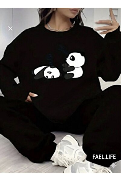 FAEL LİFE Pulover cu guler rotund, din bumbac, cu imprimeu Lazy Panda, set de...