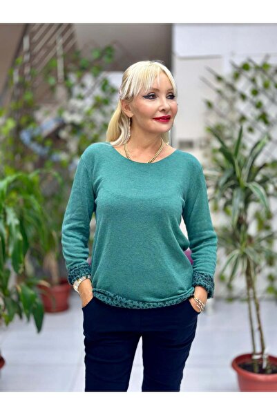 Punta Otantik Nc218181 Round Neck Knitwear with Leopard Print Inside Large Size Blouse Bitter Green