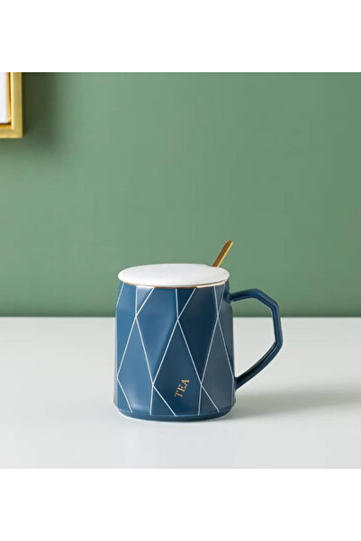 Dörtel Tedarik Modern Ceramic Mug with Geometric Pattern and Gold Spoon and Lid