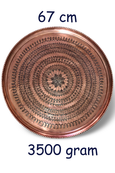 Binbir Trend 67 cm Hand Embroidered Authentic Patterned Thick Urfa Copper Tray + Foldable Coffee Table - Copper-Tps460