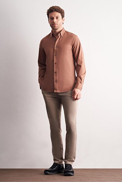 İmza Mink Buttoned Collar Knitted Long Sleeve Product Slim Fit Flexible Shirt 1004255270