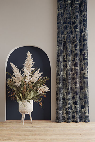 ASDİVA Jacquard Woven Drawstring Extrafoam Single Panel Non-Pleated Glitter Detailed Navy Blue Gray Background Curtain