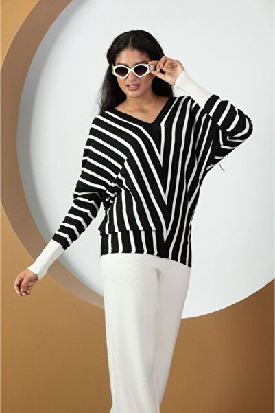 Moda Days Women's Striped V-Neck Knitwear Tunic Standard Size 21004