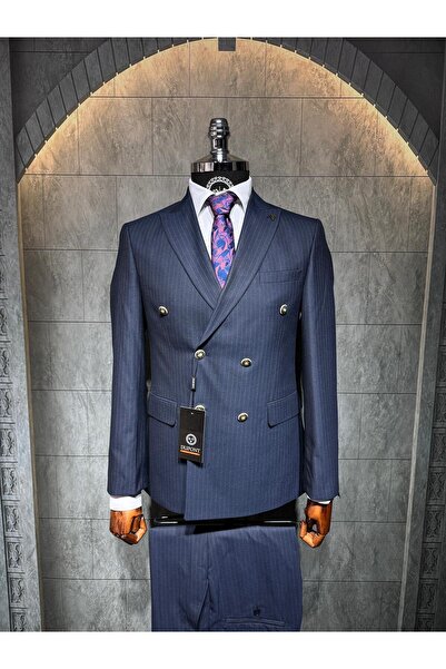 Dupont Slim Fit Çizgili Kruvaze Takım Elbise