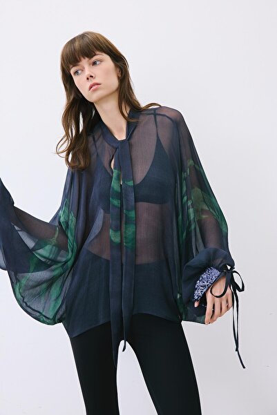 rue Lace-Up Chiffon Patterned Navy Blue Blouse